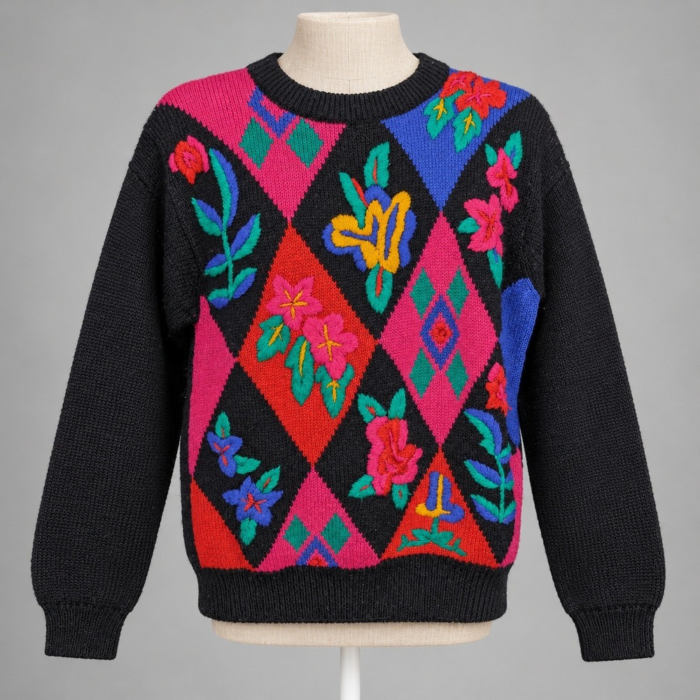 Vintage 90s Floral Argyle Wool Blend Sweater Sz M Pink Retro Granny Cottagecore
